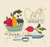 彩绘蔬菜与厨具矢量素材