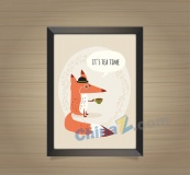 可爱喝茶的狐狸挂画矢量素材