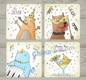 彩绘动物新年快乐卡片矢量