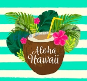 水彩绘夏威夷椰汁和棕榈树叶
