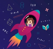 乘坐宇宙飞船的女孩卡通矢量