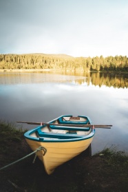 树林湖泊小木船图片
