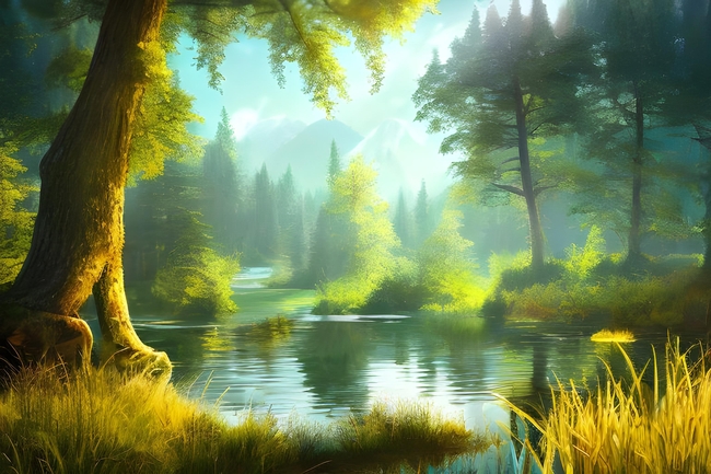 绿色森林湖泊插画风景图片