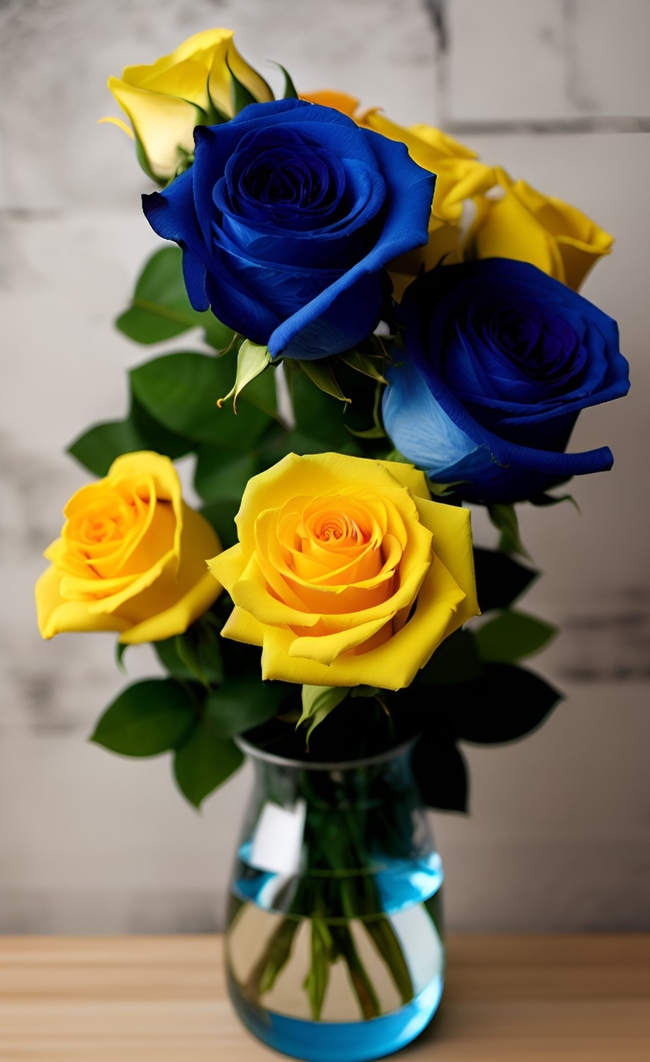 黄玫瑰蓝玫瑰插花图片