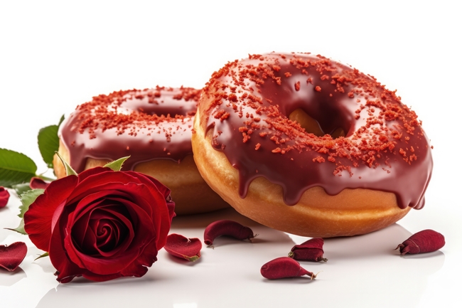 红色玫瑰花和巧克力甜甜圈图片