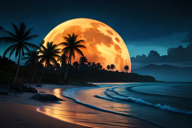 热带海边椰子树月色图片