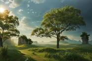 蓝天白云阳光绿色草地树木风景图片