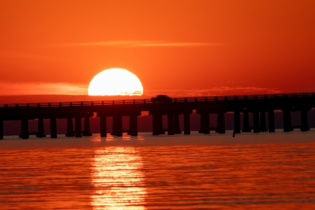 日暮黄昏夕阳红跨海大桥剪影图片