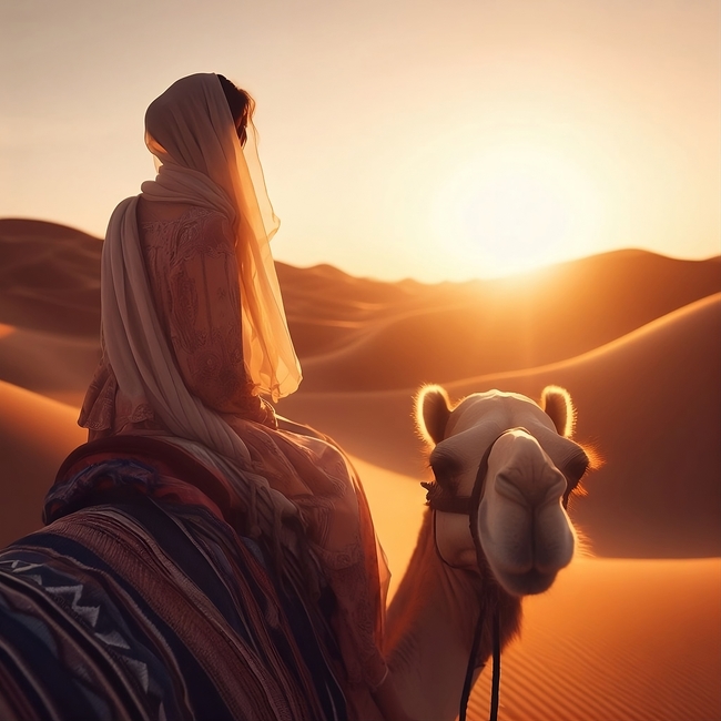 日暮黄昏美女沙漠骑骆驼图片