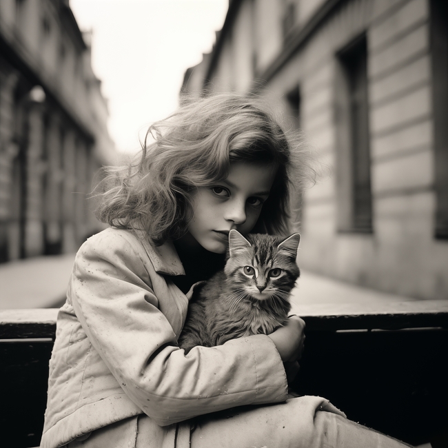 抱着小猫的少女黑白风格摄影图片