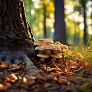 秋天树林地面阳光照耀下的蘑菇群图片