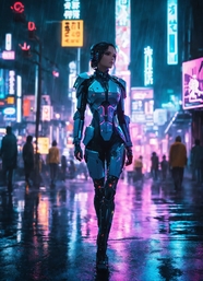 夜晚街头行走在人群中的3D机器人美女图片