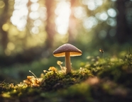 秋天树林地面阳光微微照耀的蘑菇图片