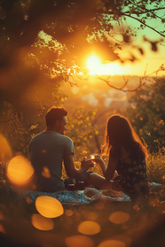 日暮黄昏唯美户外野餐情侣摄影图片