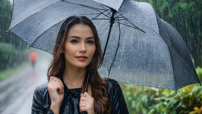 下雨天撑伞淋湿衣服的美女图片