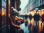 冬季雨夜街头美女拉小提琴图片
