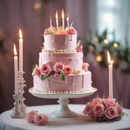 粉色玫瑰裱花婚庆三层蛋糕图片