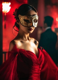 化妆舞会戴着面具的红裙美女图片