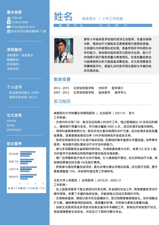 医生职业双栏个人简历模板