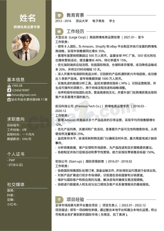 跨境电商双栏个人简历模板