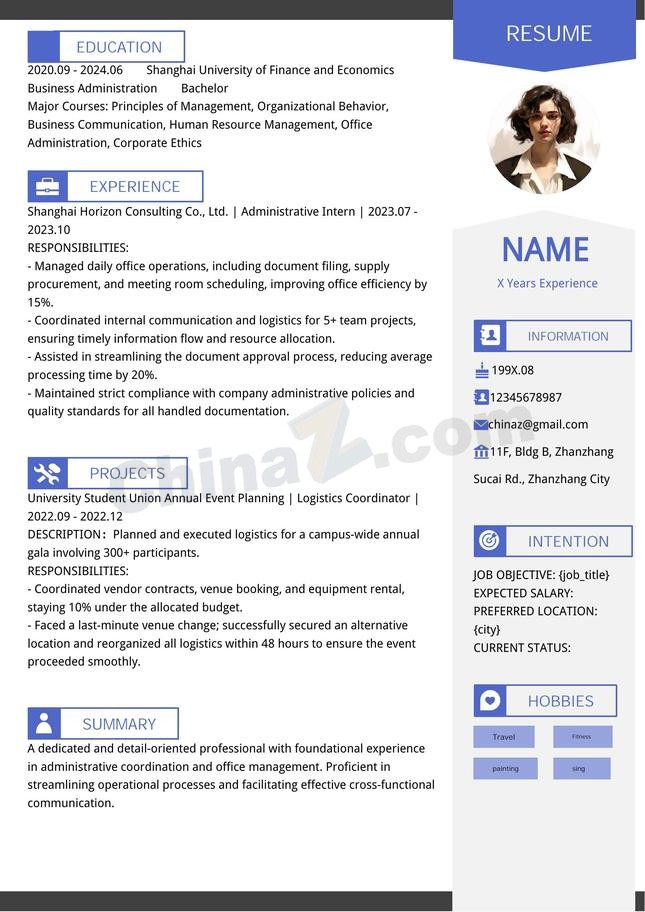 左右双栏英文通用个人简历模板