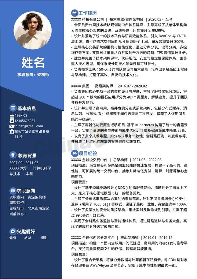 商务风高级架构师个人简历模板