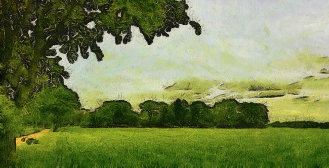 绿色田野油画作品图片