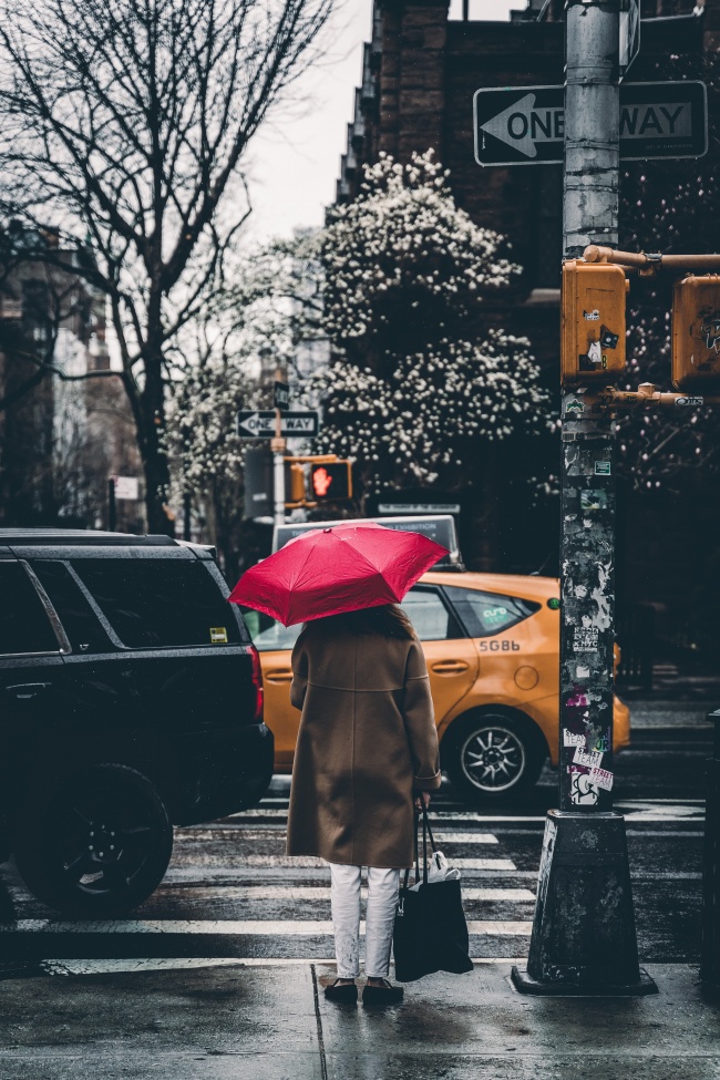 美女雨中撑伞背影图片