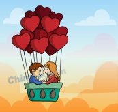 爱心热气球里的情侣矢量素材