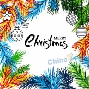 彩绘圣诞节松枝和挂饰矢量素材