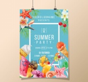 夏季花卉与食物派对海报矢量图