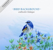 水彩绘蓝色鸟和花卉矢量图