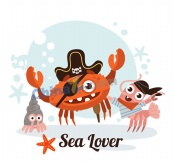 卡通海盗装扮海洋动物矢量图