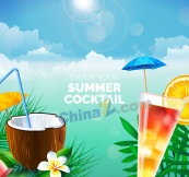 精美夏季鸡尾酒和椰汁矢量图