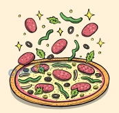 彩绘落在披萨上的原料矢量