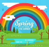 创意春季郊外彩虹风景矢量