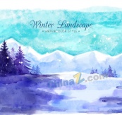 水彩绘冬季郊外风景矢量