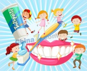 卡通刷牙的7个儿童矢量