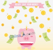 可爱笑脸猪存钱罐和钱币雨