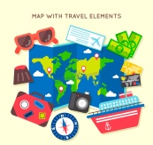 彩色世界地图旅行元素矢量