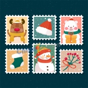 冬日元素矢量邮票模板设计