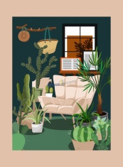 舒适绿色植物室内装饰设计矢量