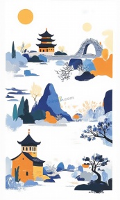 现代水墨中国地标矢量素材