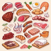 手绘肉类海鲜食材合集矢量素材