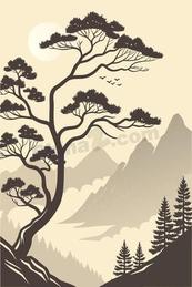 新中式水墨松树山水矢量素材