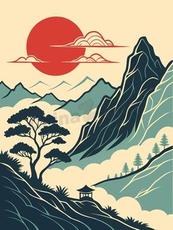 复古红日山峰风景矢量素材