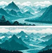 大气国潮青绿山水风景矢量素材
