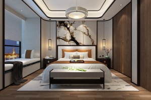 现代中式卧室模型效果图