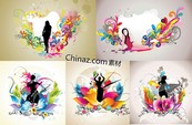 鲜花女孩剪影矢量图
