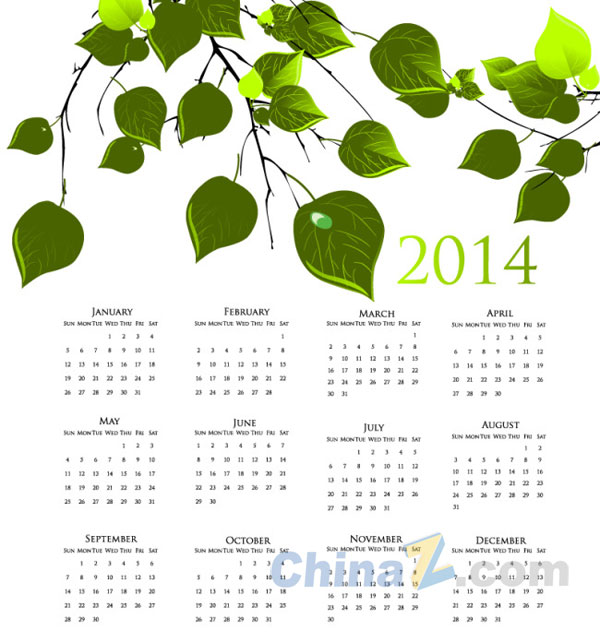2014绿叶装饰矢量日历模板矢量下载